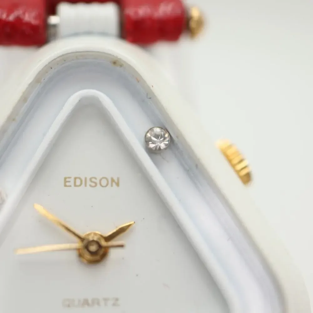 Vintage Edison White Triangle Art 26mm Womens Watch Red Leather w New Battery